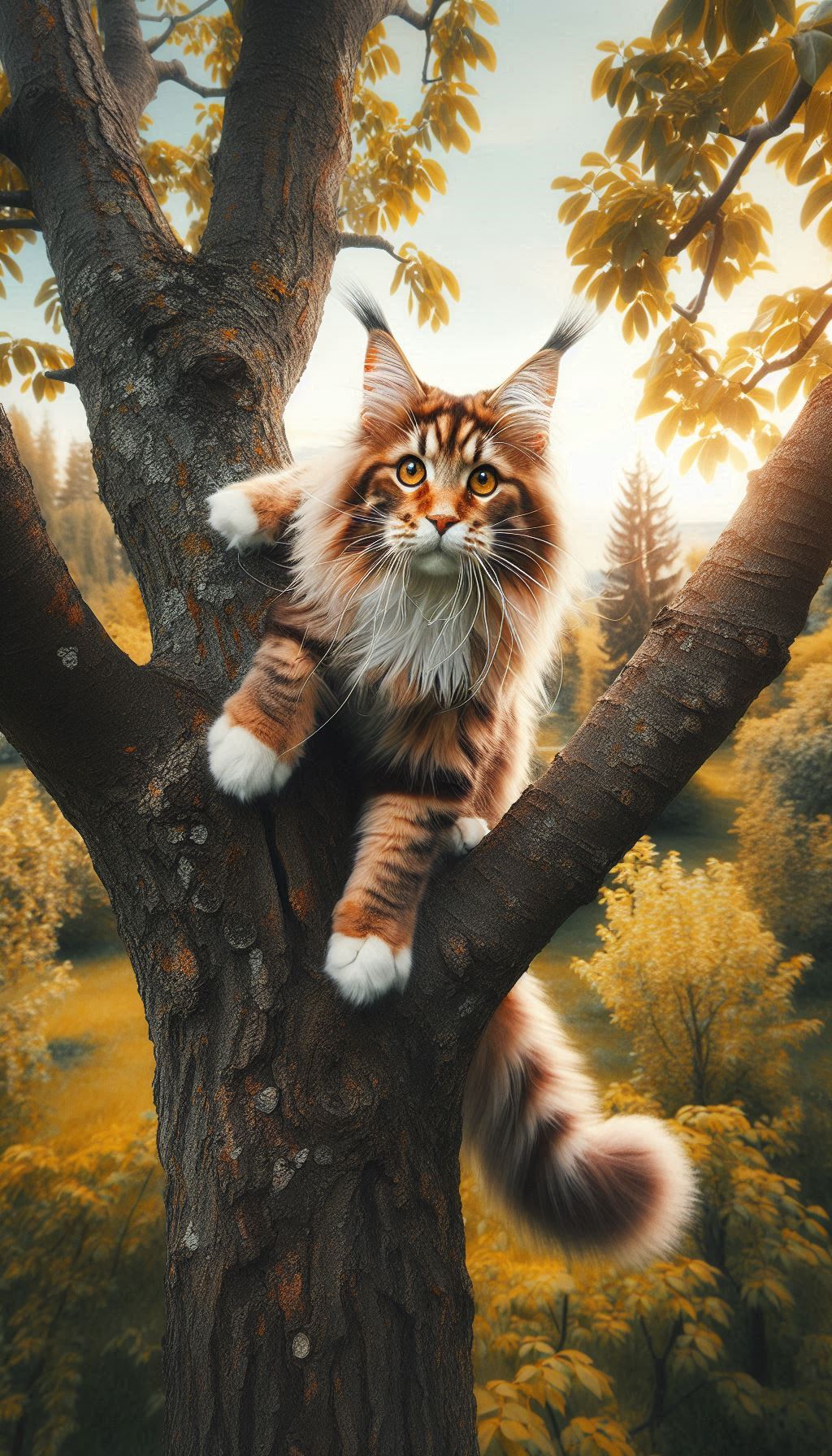 Gatto coraggioso Maine Coon ch'o s'assetta commodamente in sce un erbo erto Sfondo pe utenti de iPhone