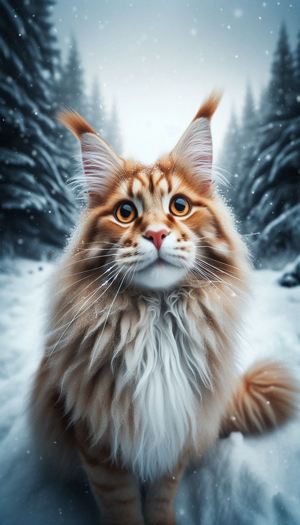Gatto giocoso Maine Coon ch'o s'assetta inte un paisaggio de neve immagine pe dispoxitivo Android