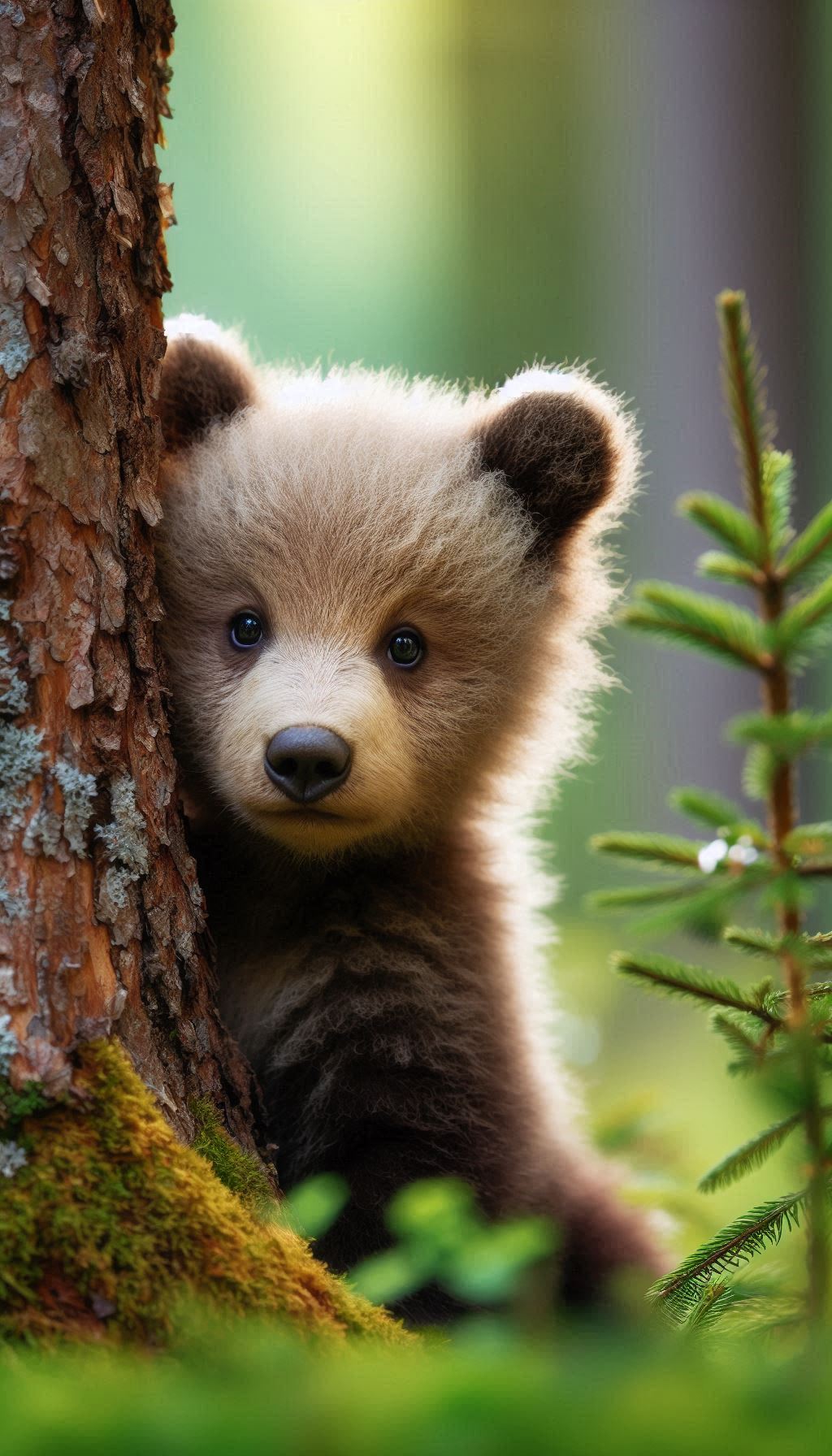 Gentle Bear Cub Peeking Out from Behind a Tree