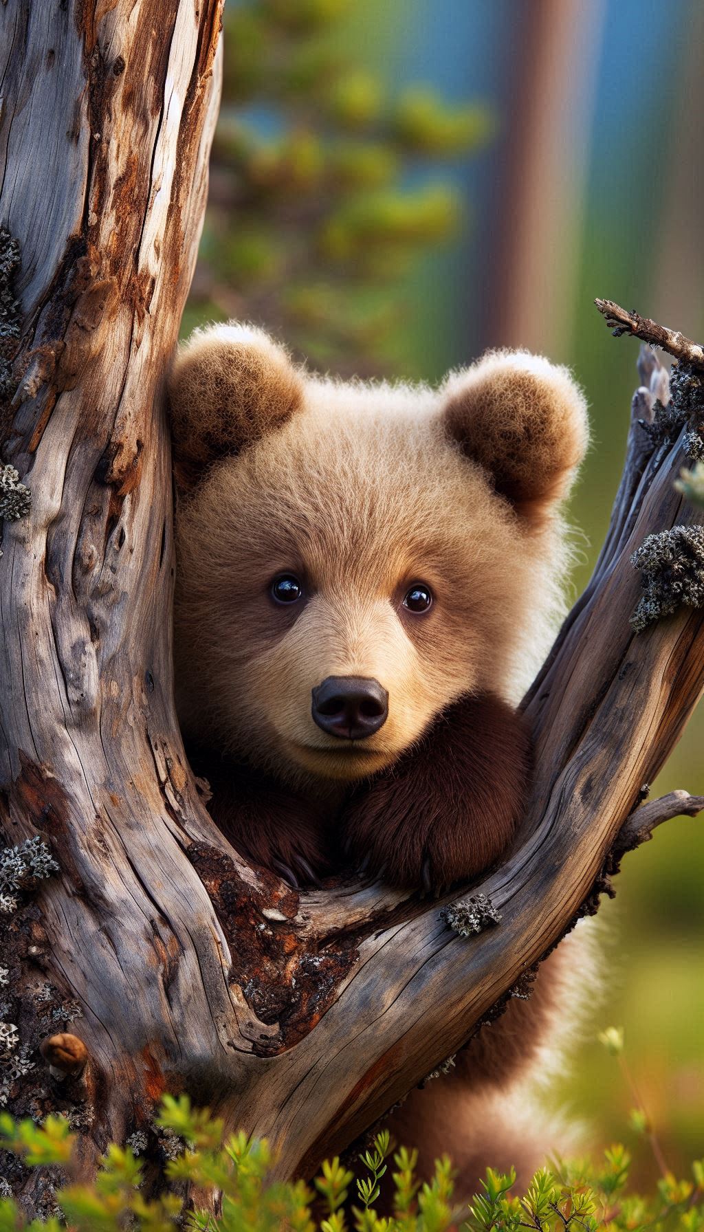 Gentle bear peeking from behind a tree for iPhone and Android
