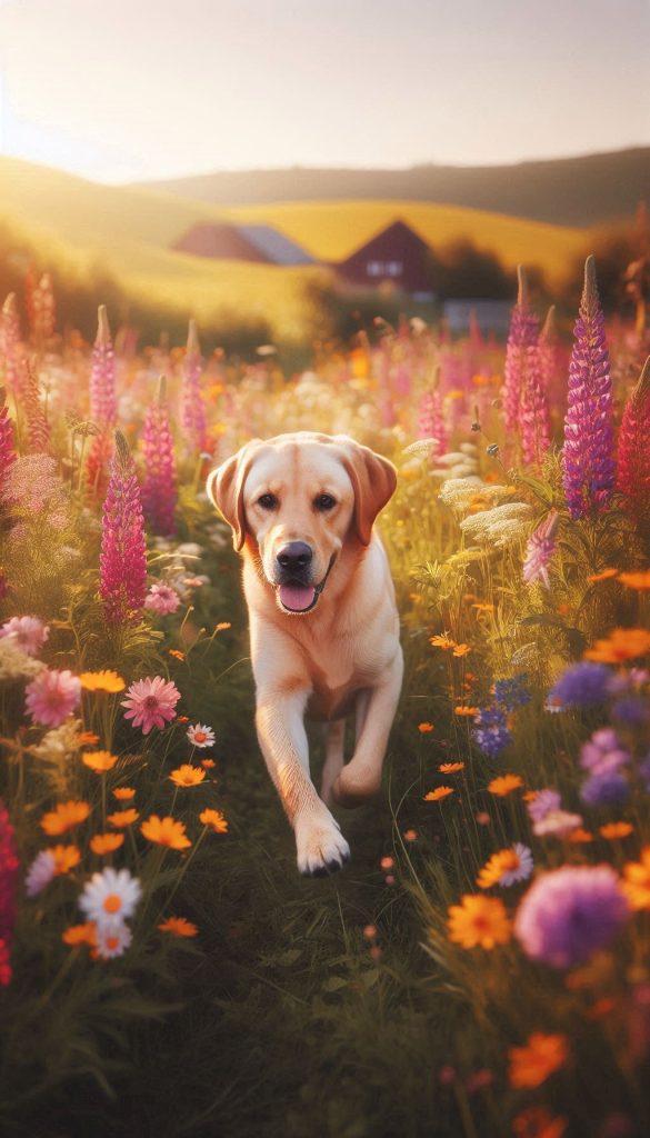 Golden Labrador Running Through a Field of Wildflowers