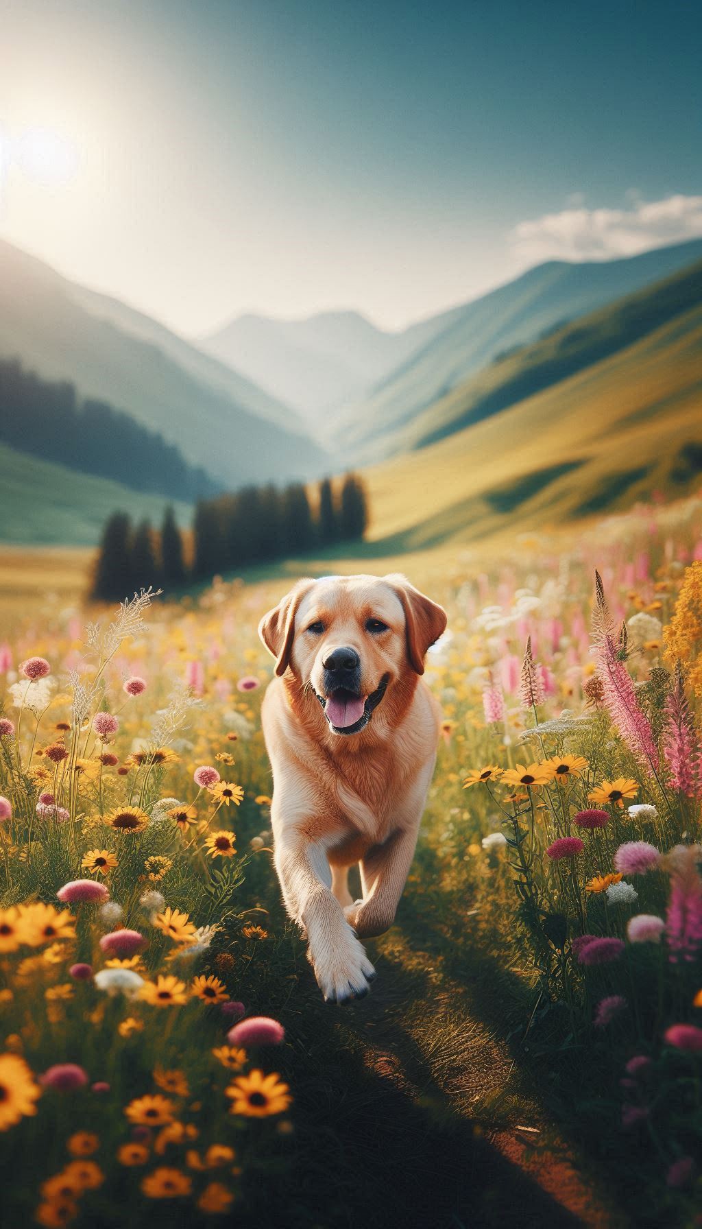 Golden Labrador running through field of wild flowers Photo for Android