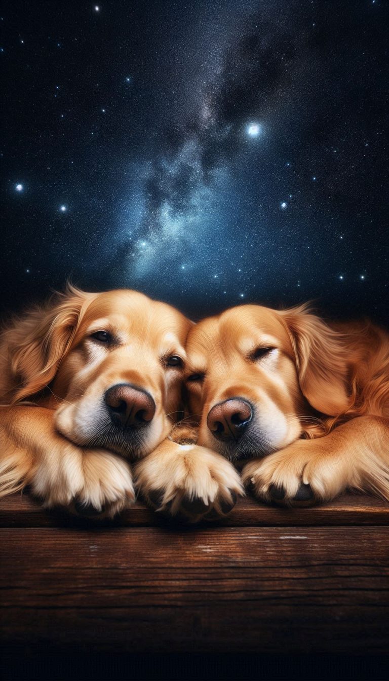 Golden Retriever Duo Snuggling Under a Starry Sky