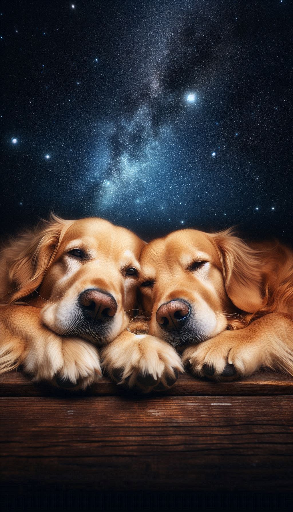 Golden Retriever Duo Snuggling Under a Starry Sky