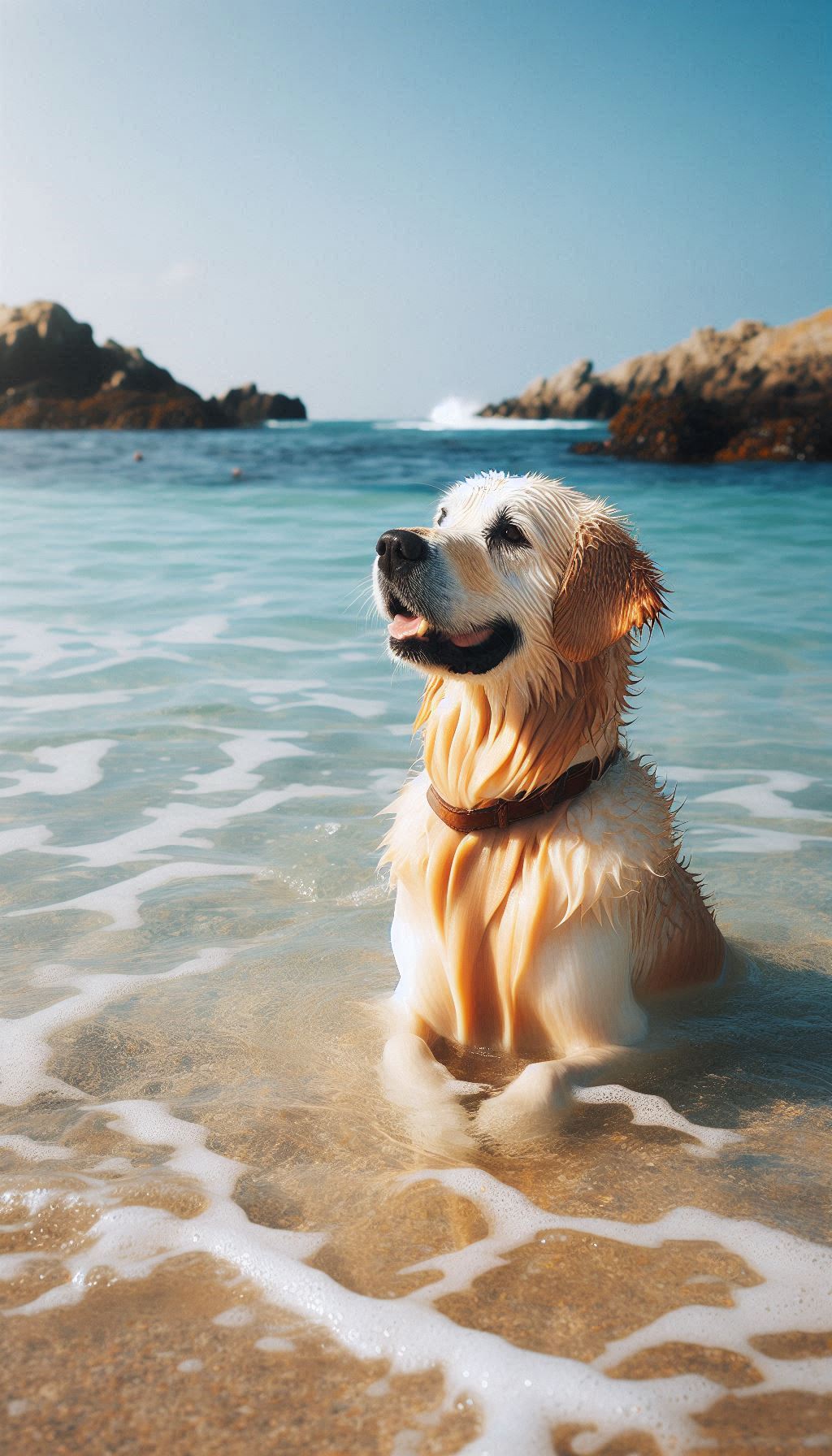 Golden Retriever Enjoying a Refreshing Dip in the Ocean