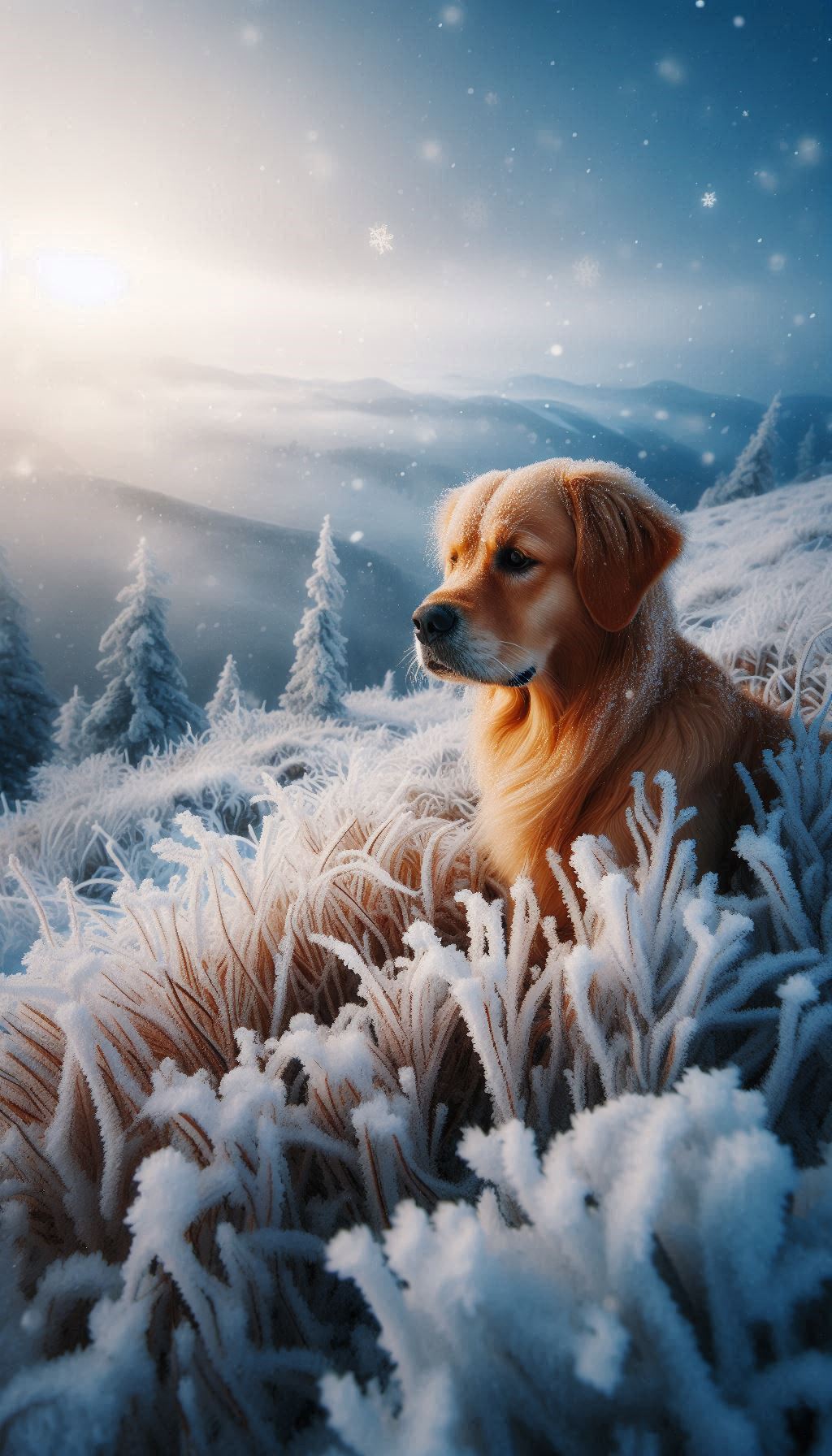 Golden Retriever Exploring a Frosty Landscape with Snowflakes Falling