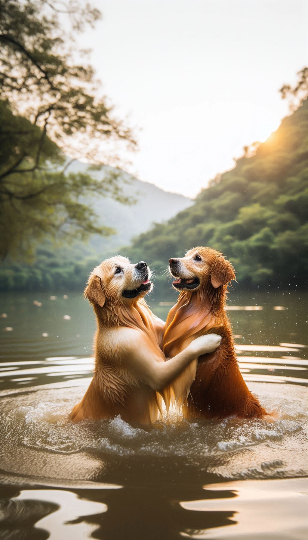 Golden Retriever Lovers Playfully Splashing in a Lake (1)