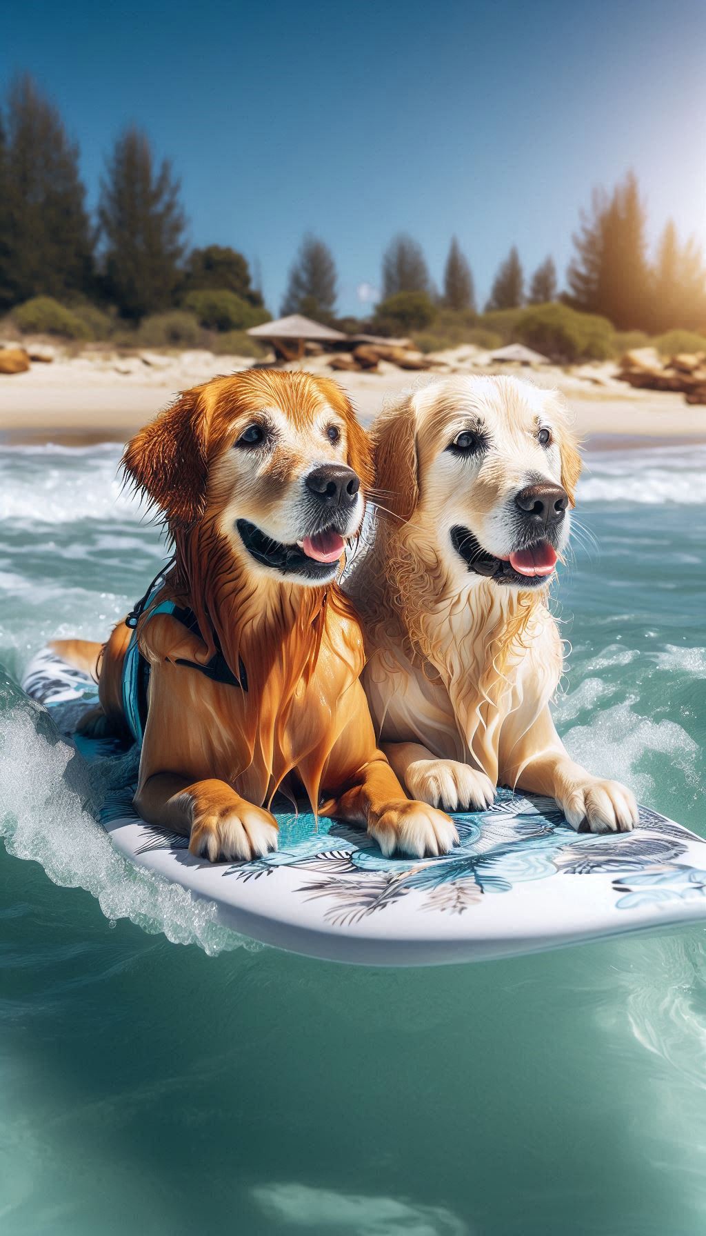 Golden Retriever Pair Surfing Together on a Bright Summer Day
