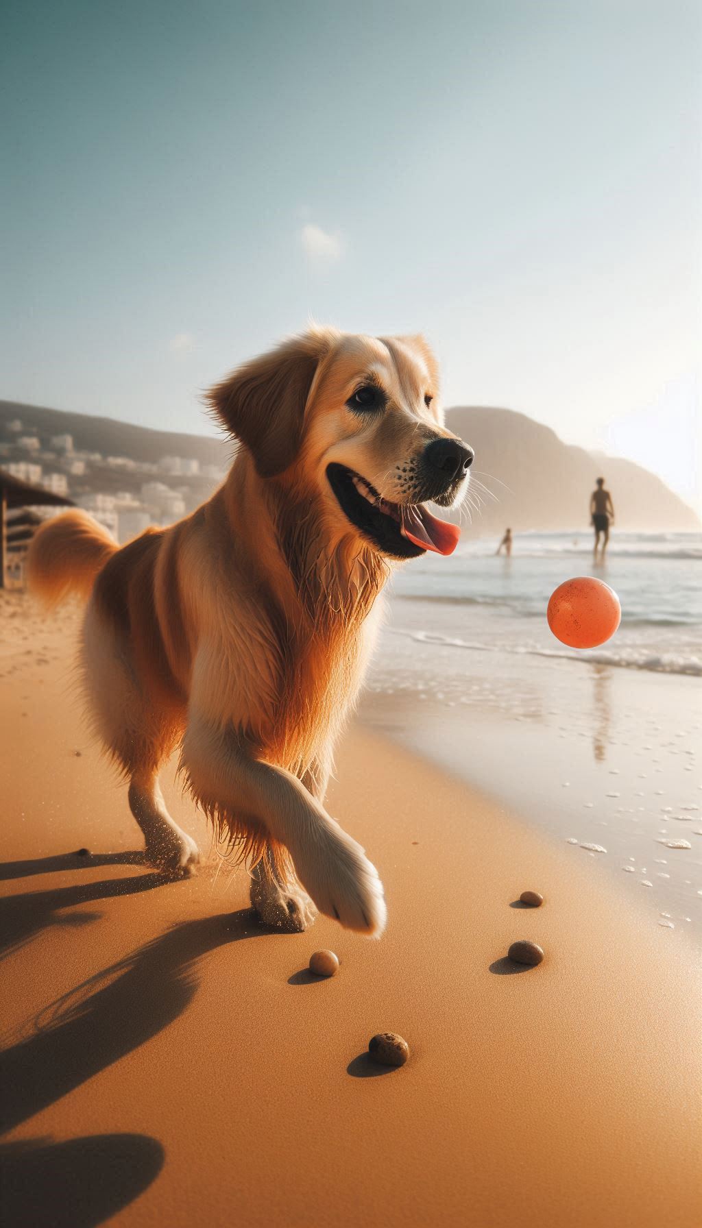 Golden Retriever Playing Fetch on a Sunny Beach Day