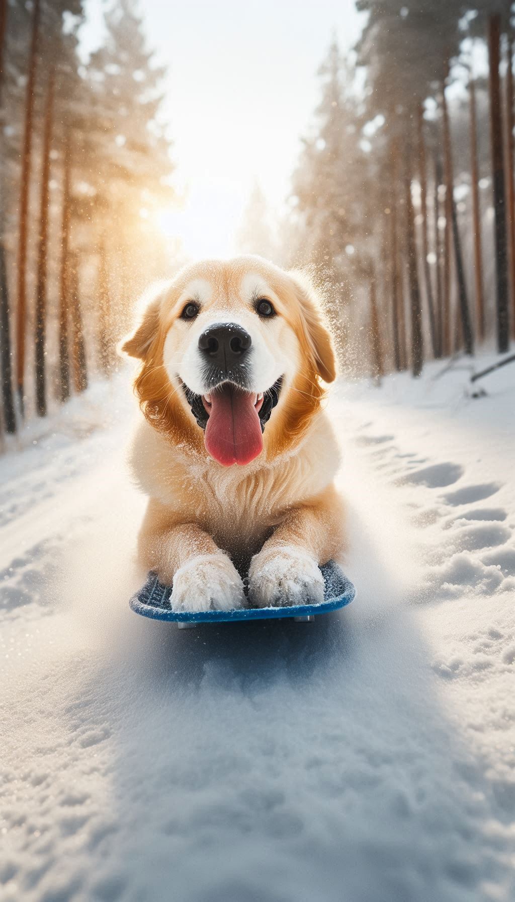 Golden Retriever Sledding Down a Hill with Excitement