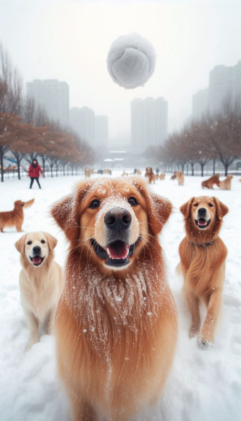 Golden Retriever and Friends Playing Fetch in the Snow