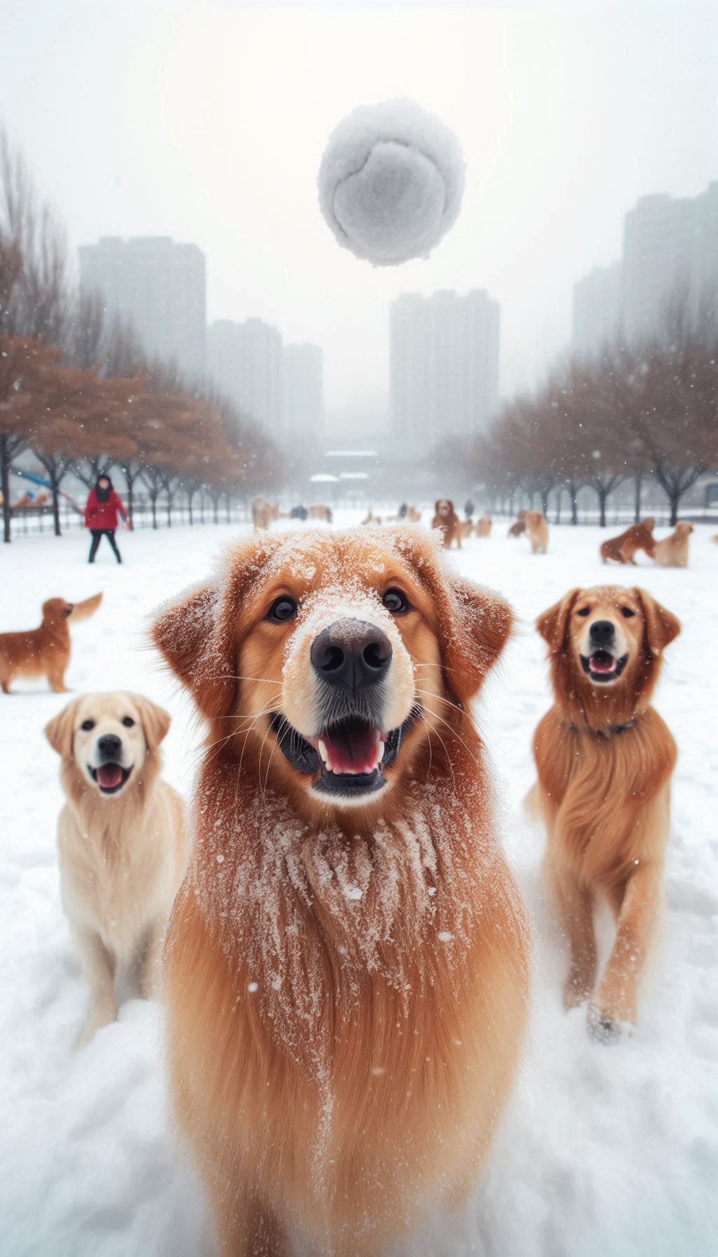 Golden Retriever and Friends Playing Fetch in the Snow