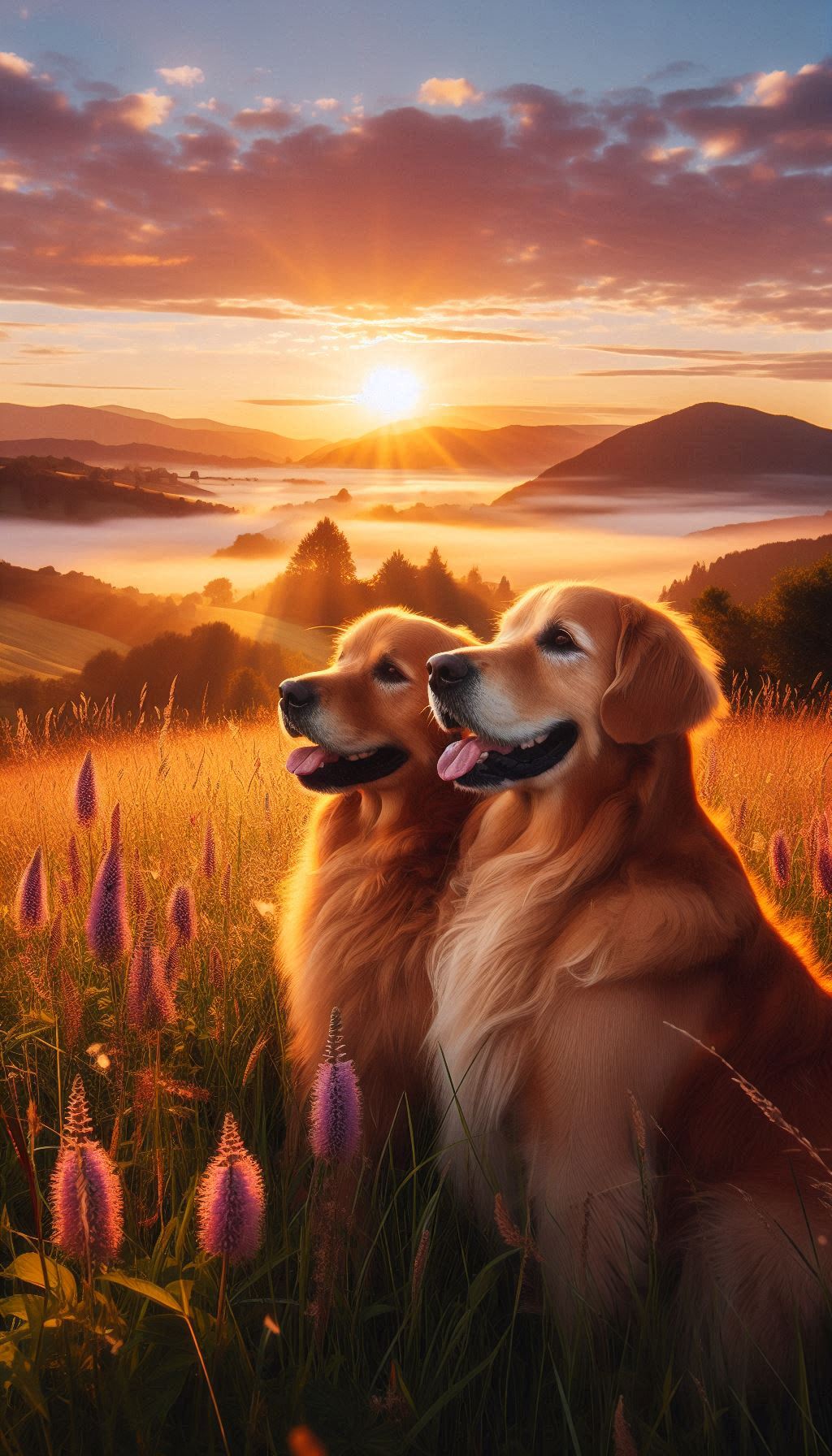 Golden Retrievers Enjoying a Beautiful Sunrise Together