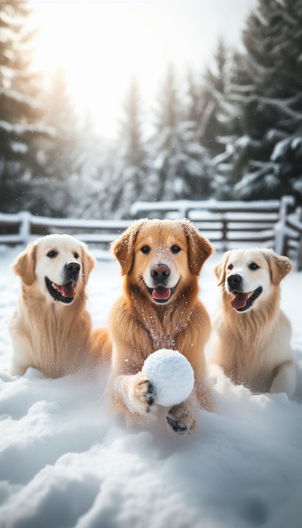 Golden retriever and his friends playing ice fishing wallpaper for your mobile