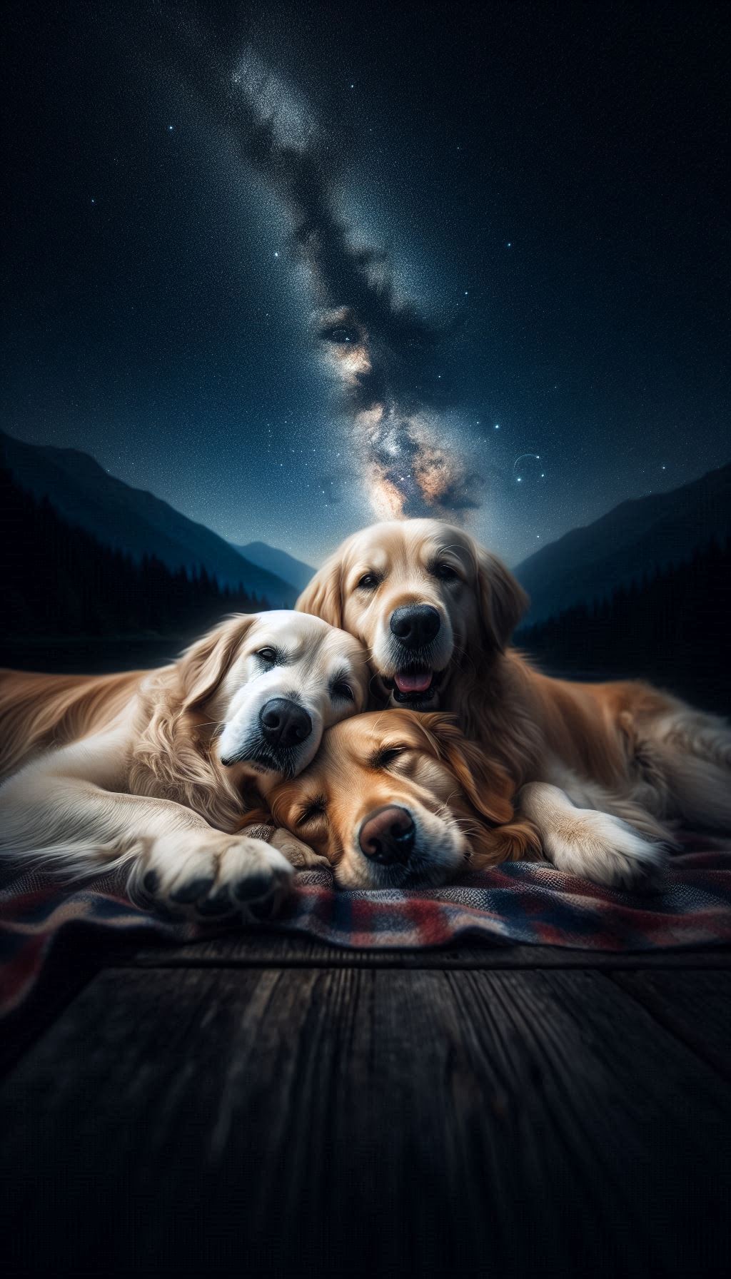 Golden retriever couple relaxing under starry sky free hd wallpaper
