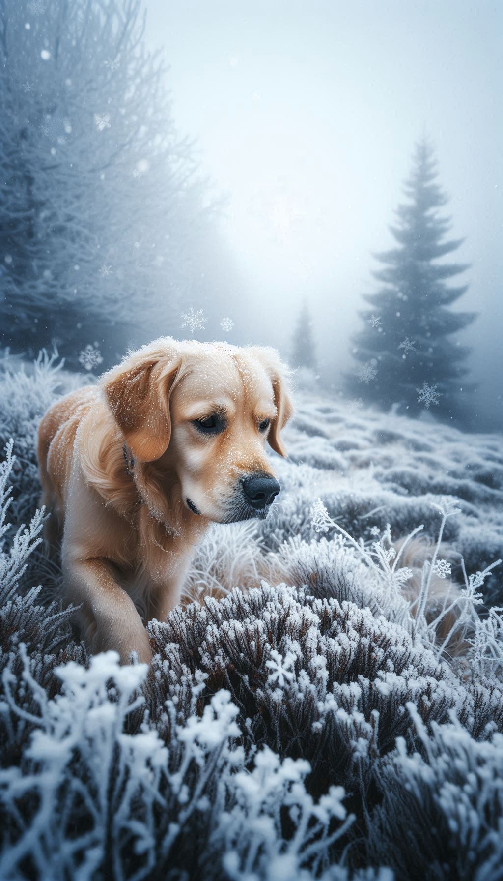 Golden retriever exploring a frosty landscape with falling snowflakes Photos for Android