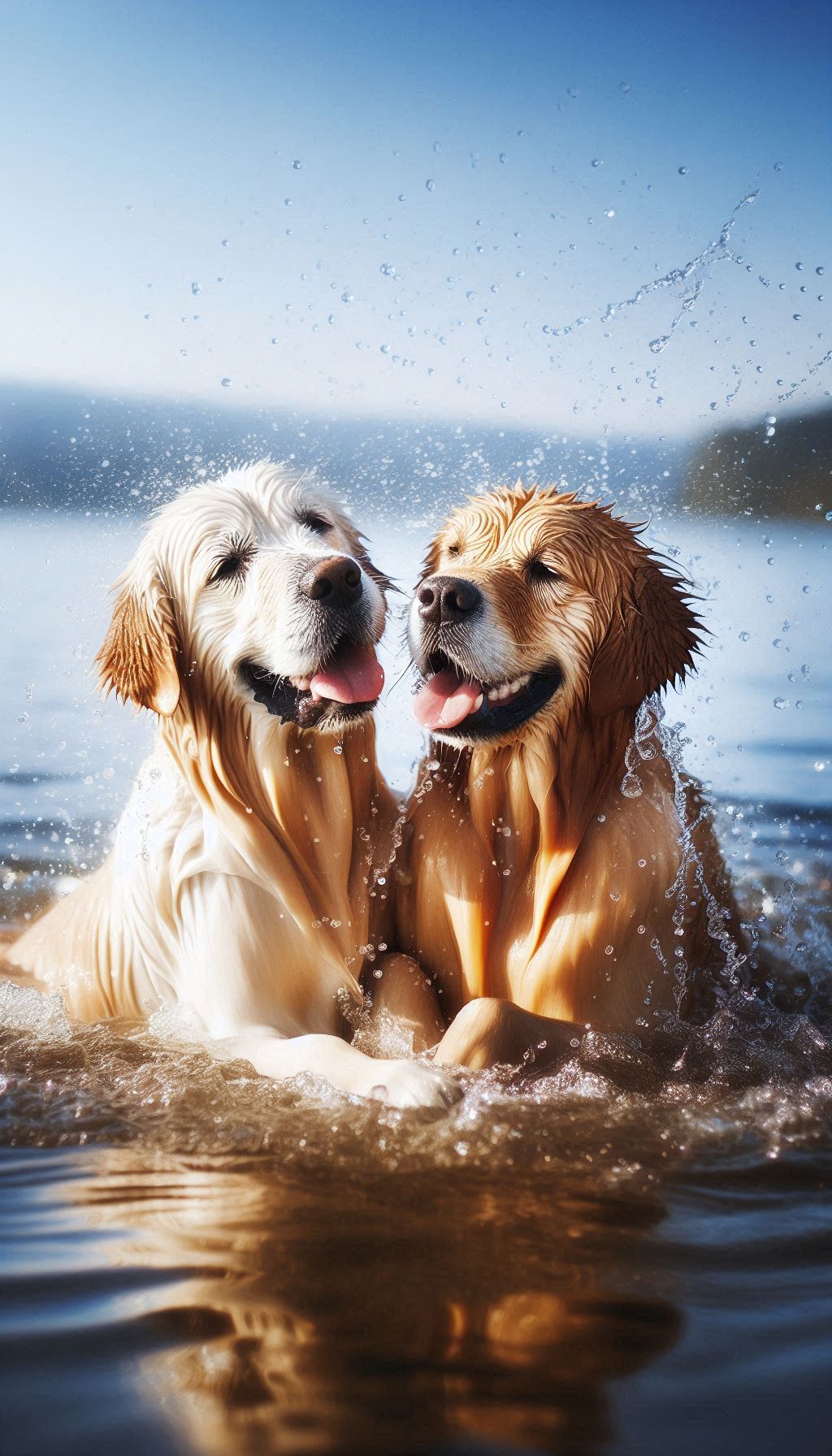 Golden retriever lovers splash playfully in the lake for your mobile background