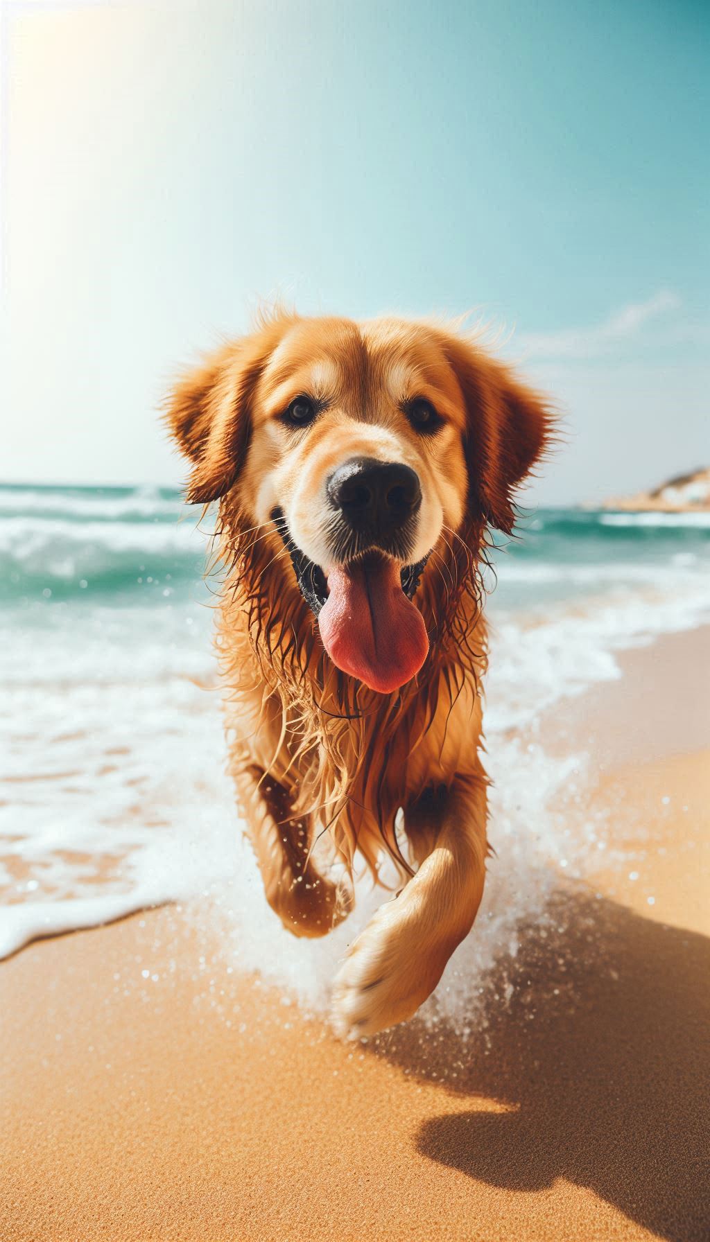 Golden retriever playing on a sunny beach mobile wallpaper for Android