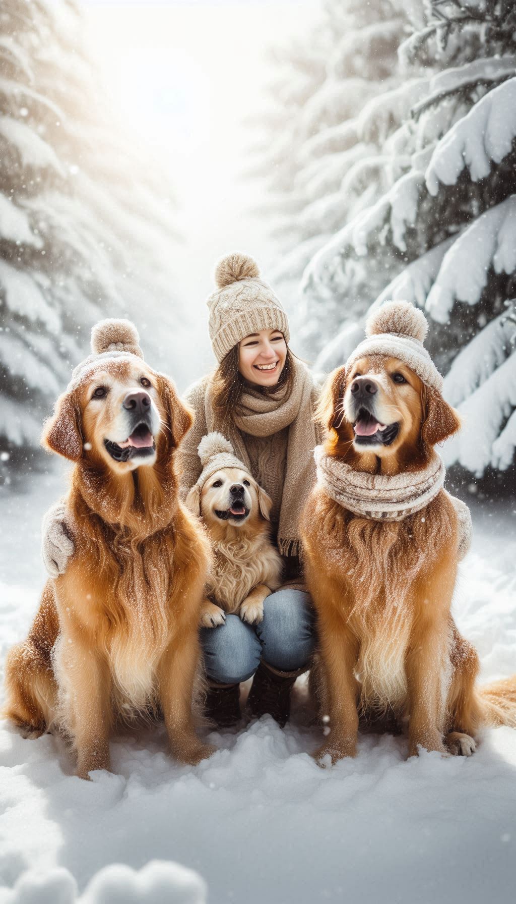 Golden retrievers enjoying snowy day with their owners wallpaper for android phone