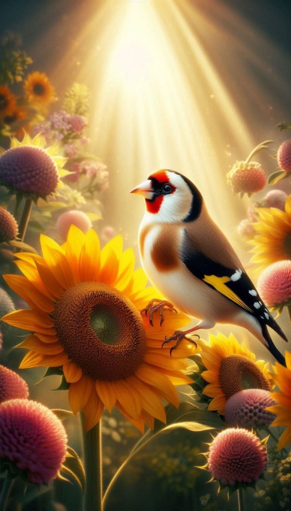 Goldfinch on a sunflower in a bright garden Phone Wallpaper for iPhone