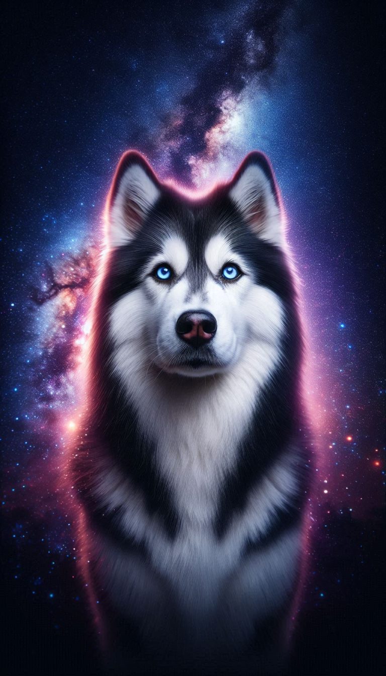 Gorgeous Siberian Husky with Heterochromia in starry night background for mobile wallpaper