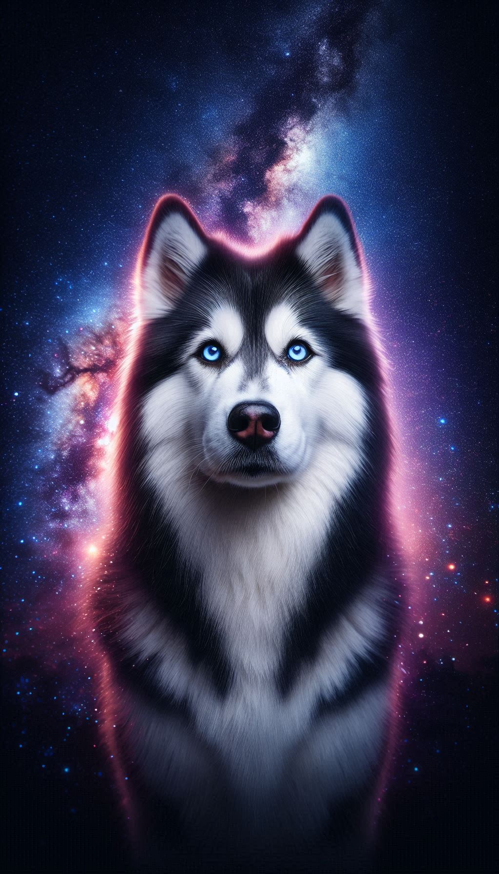 Gorgeous Siberian Husky with Heterochromia in starry night background for mobile wallpaper