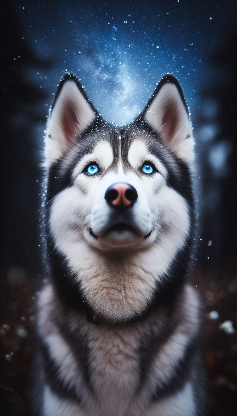 Gorgeous blue eyed husky looking up at the stars for Android phones