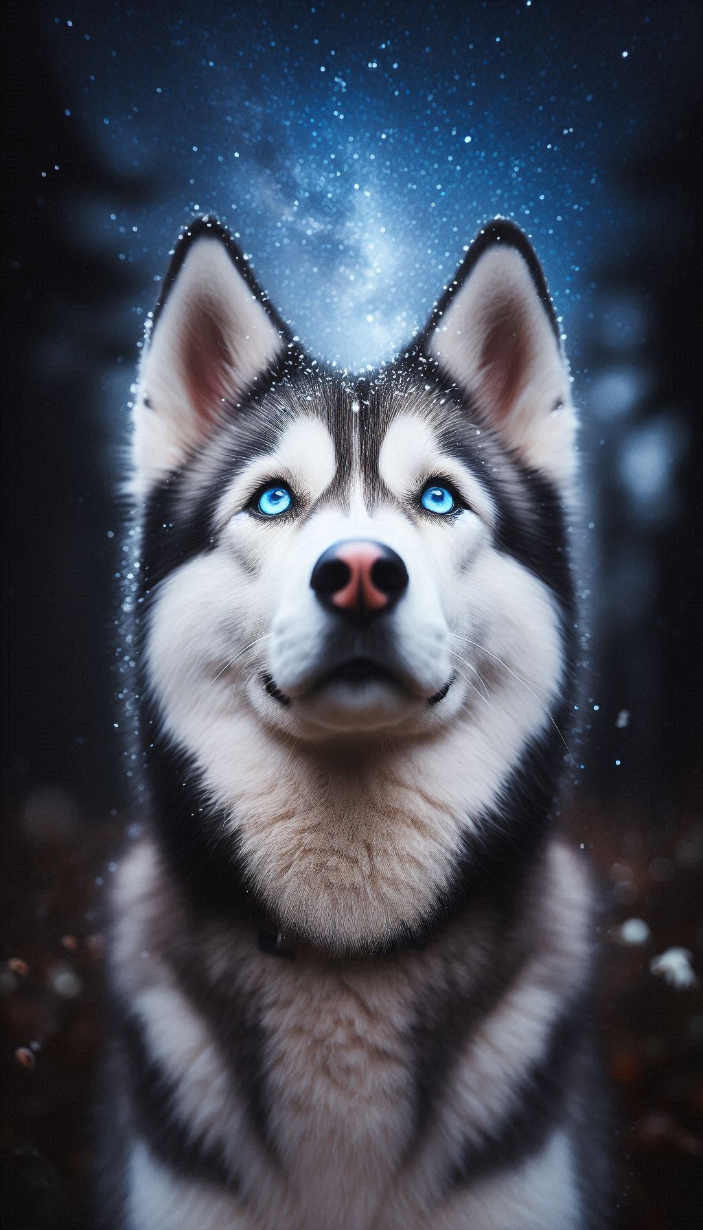 Gorgeous blue eyed husky looking up at the stars for Android phones