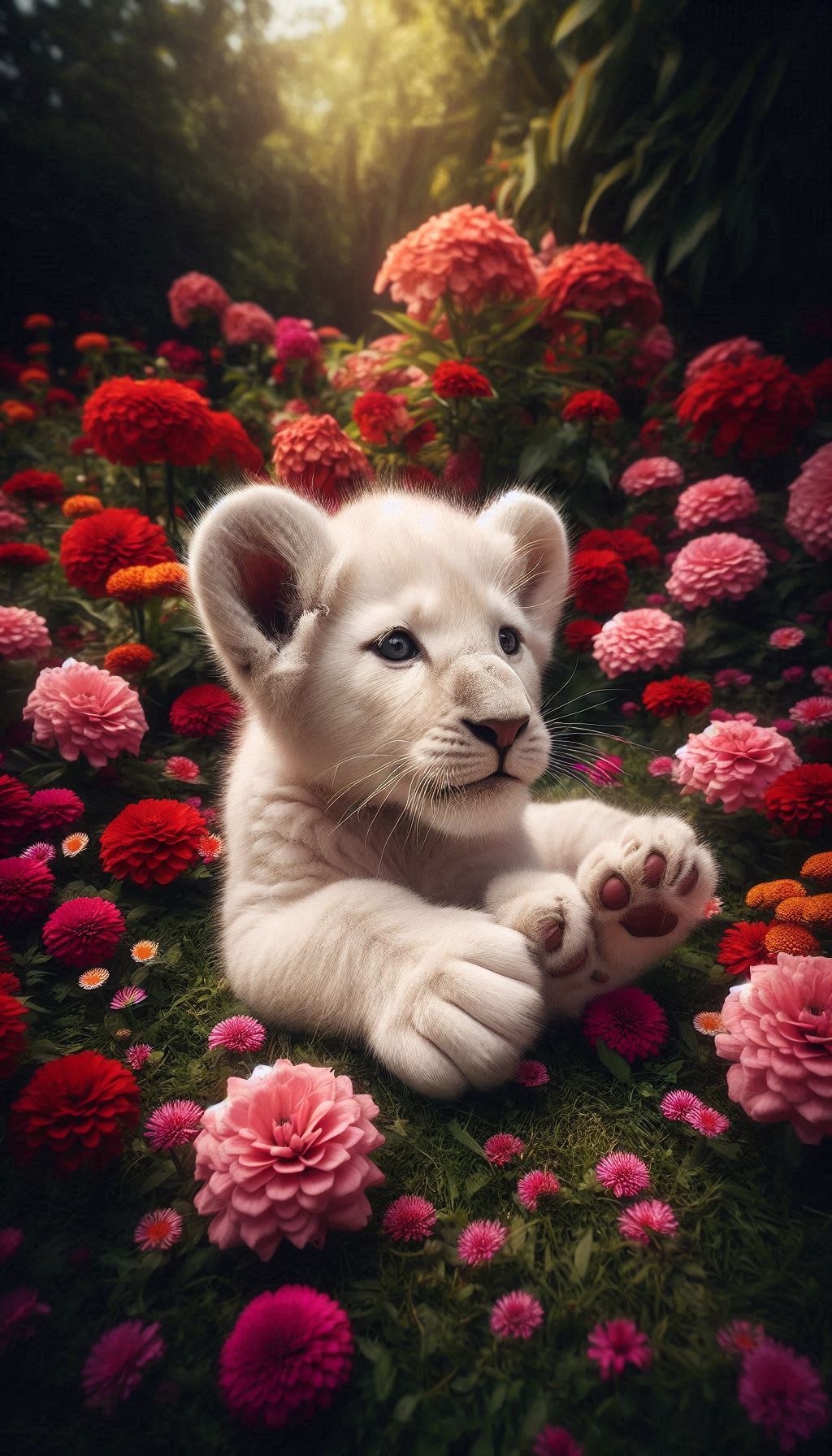 Graceful White Lion Cub Playing Among Vibrant Flowers