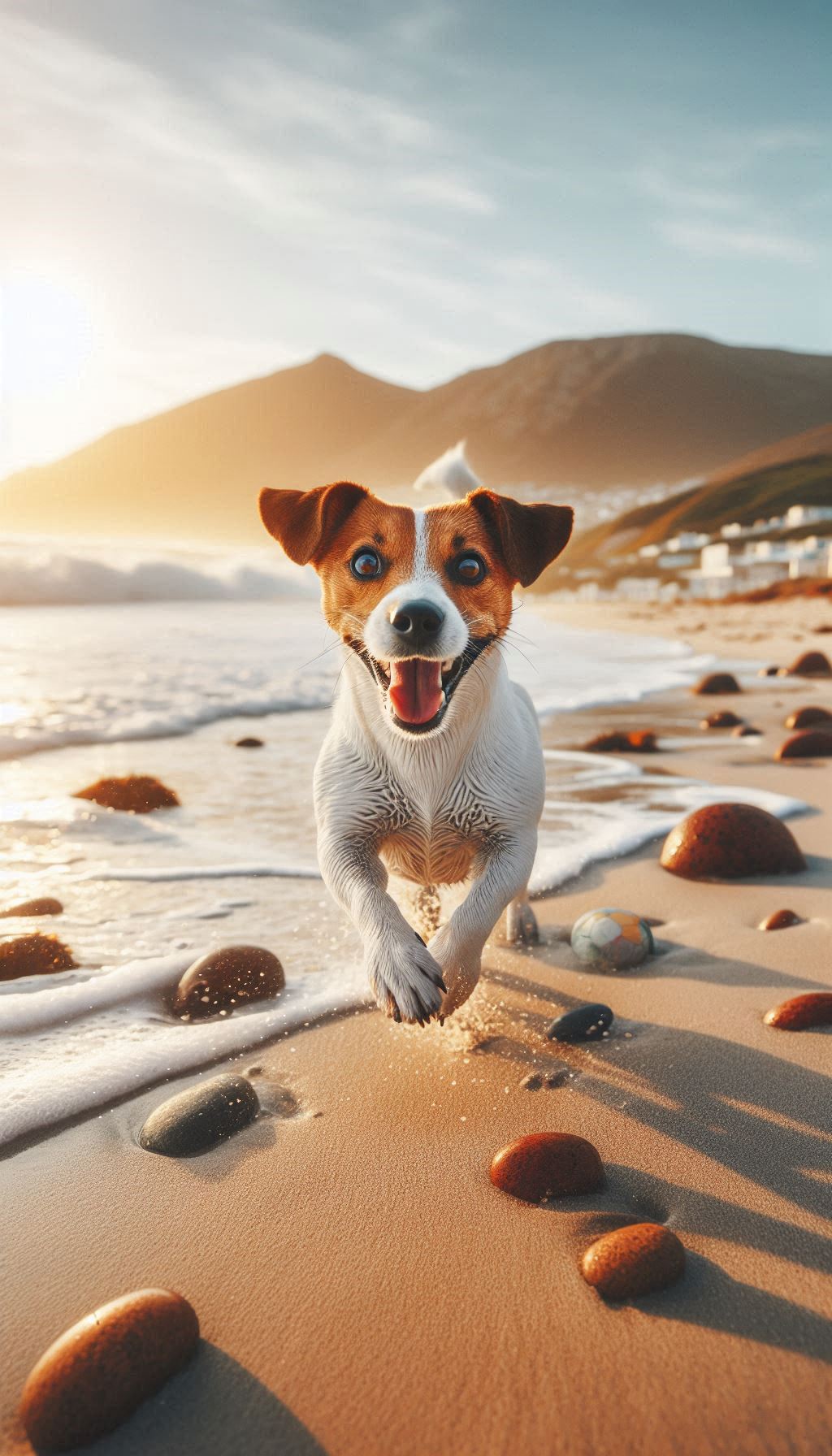 Happy Jack Russell playing at the seaside on digital background