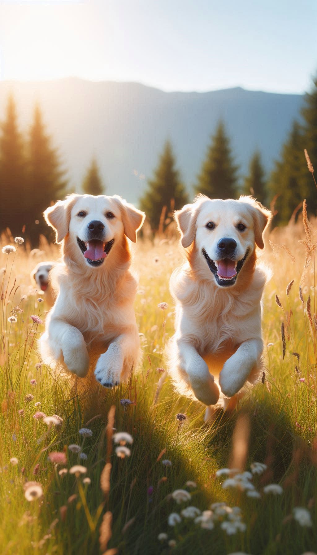 Happy golden retriever couple running in a grassy field HD mobile wallpaper