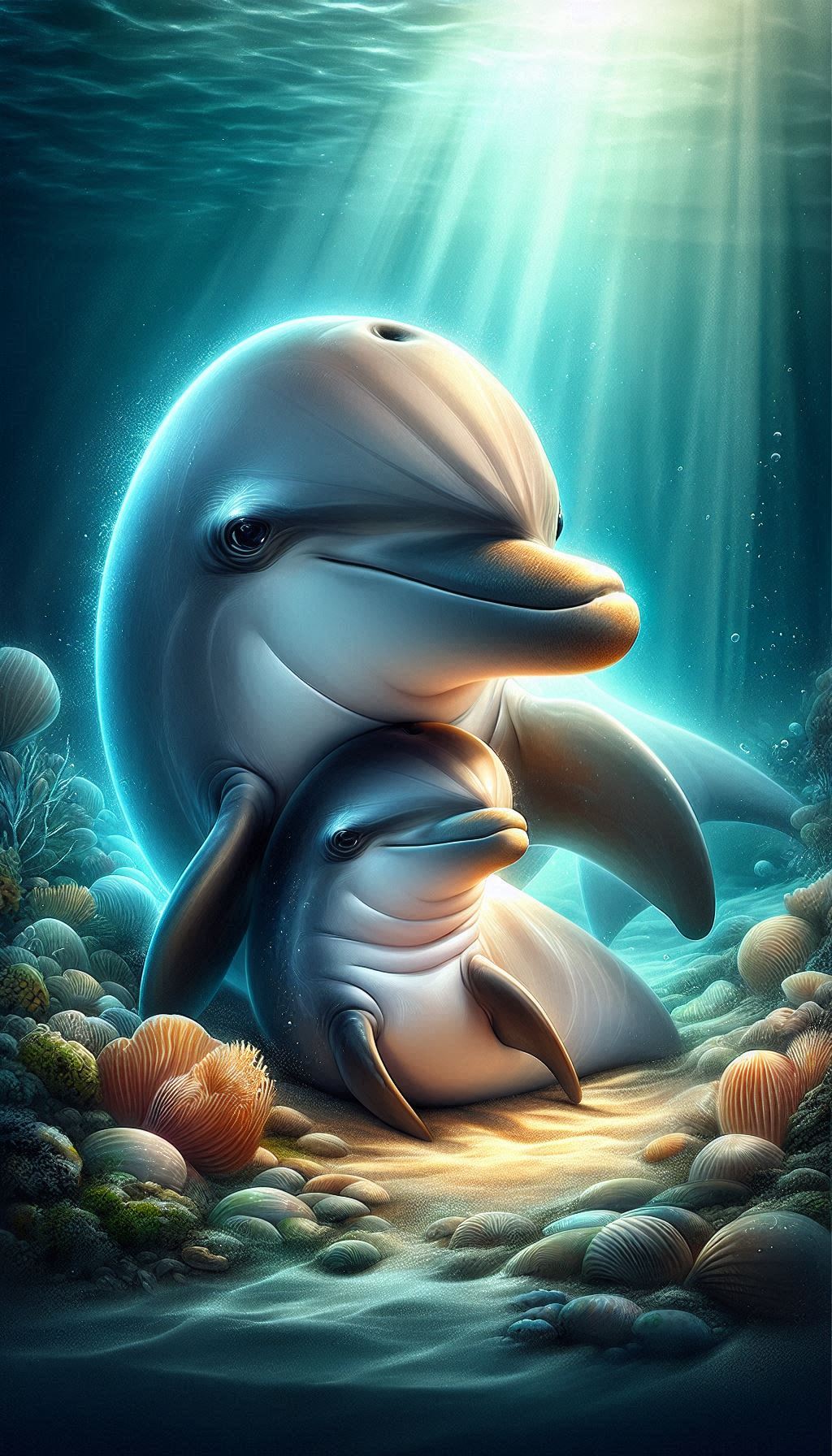Heartwarming mother and baby dolphin cute moment HD mobile wallpaper