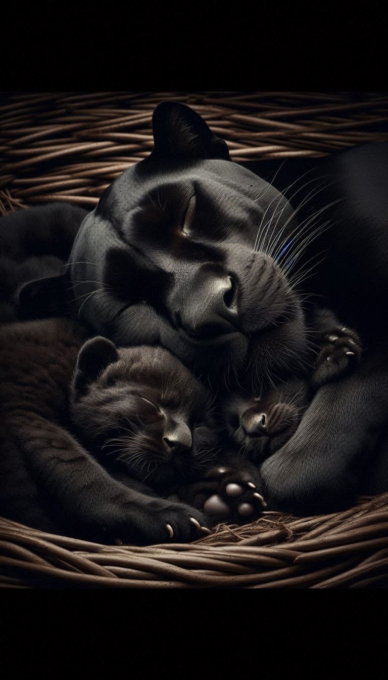 Heartwarming sleeping black panther curling up with cubs wallpaper for iPhone
