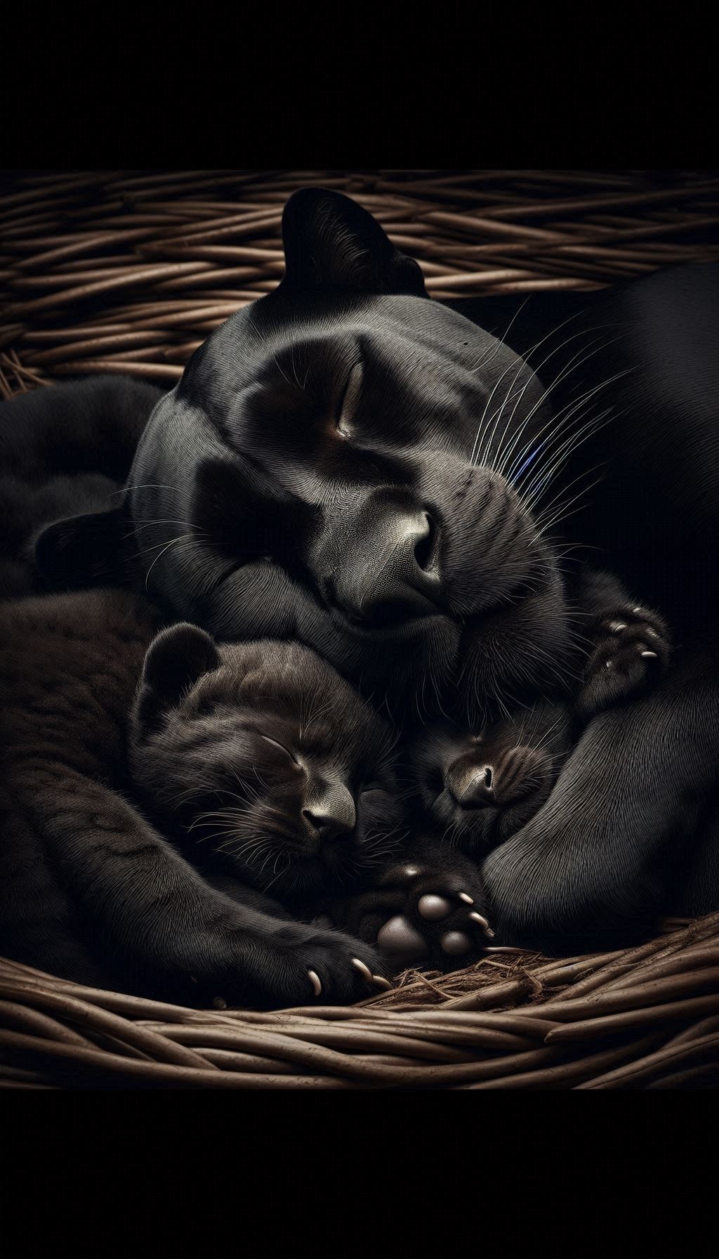 Heartwarming sleeping black panther curling up with cubs wallpaper for iPhone