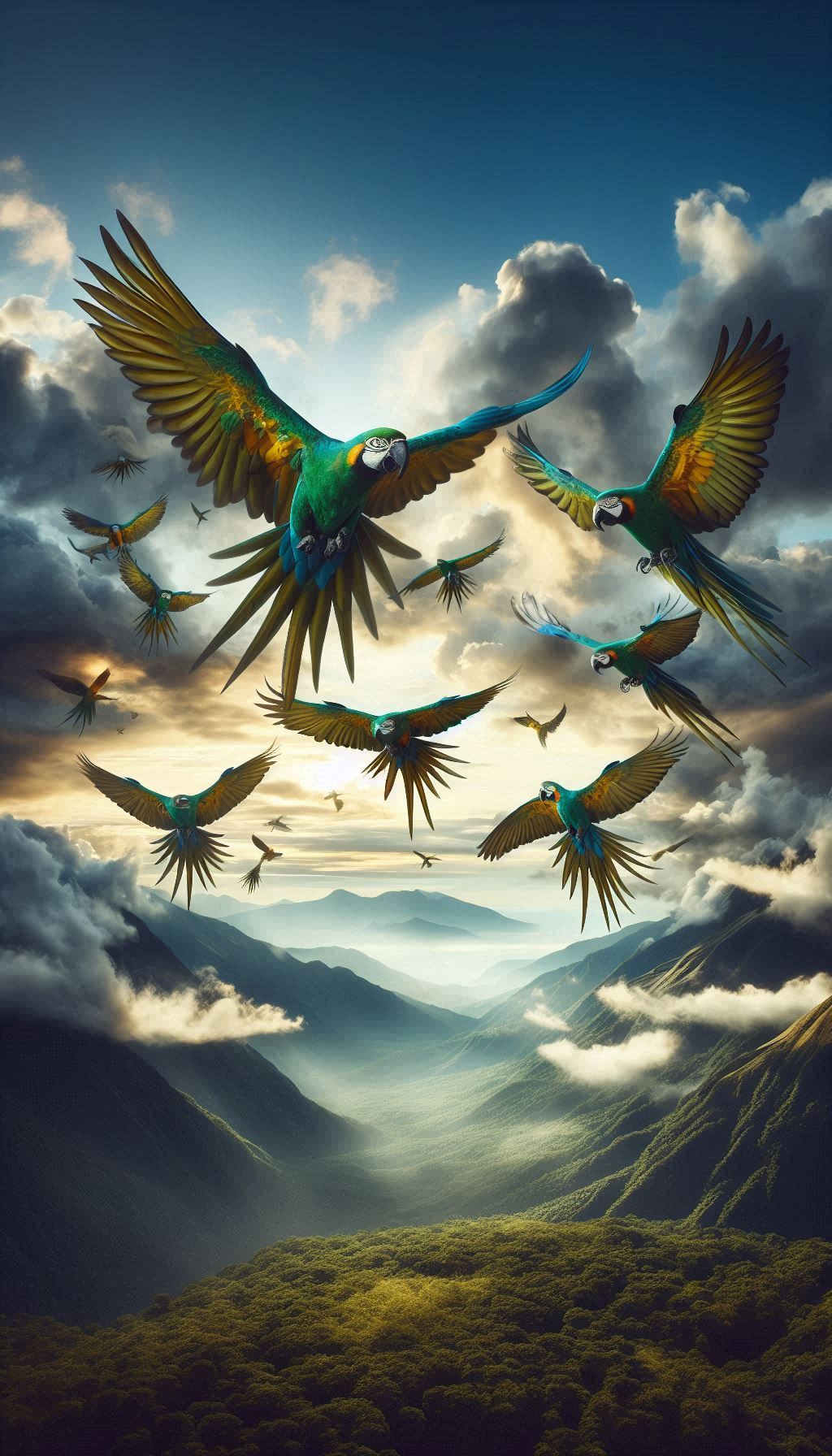 Heroic Military Macaw Parrots Flying Overhead in a Dramatic Sky