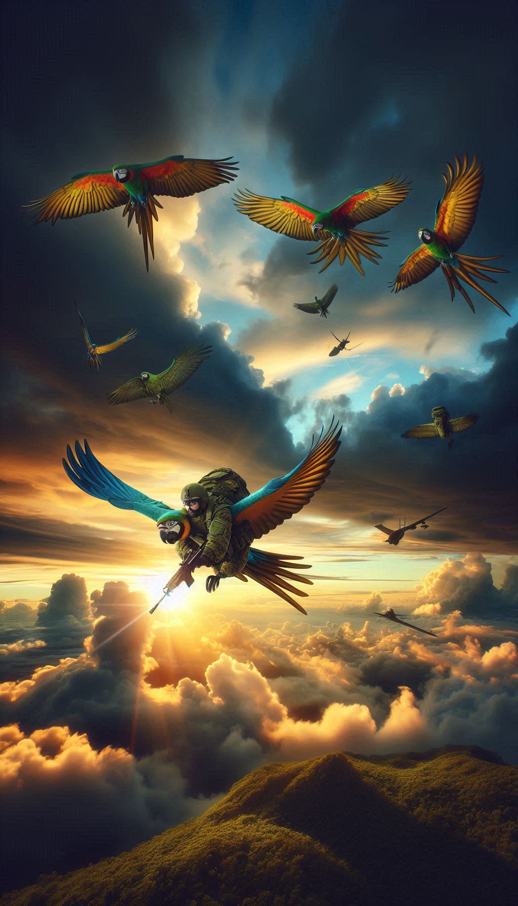 Heroic Military Macaw parrots soaring high up in a dramatic sky Image for Android