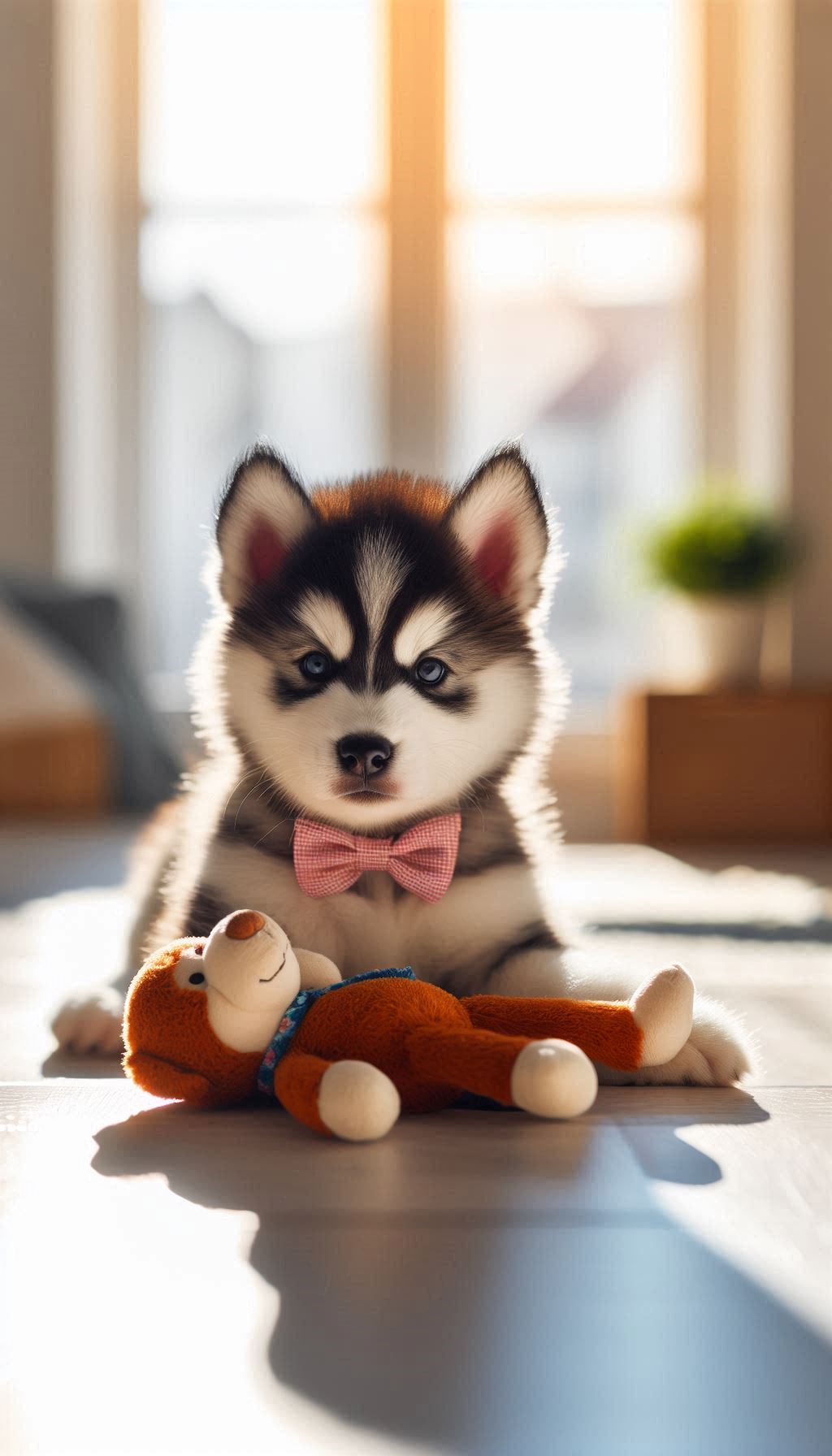 Husky Puppy with a Toy in a Bright, Sunlit Room