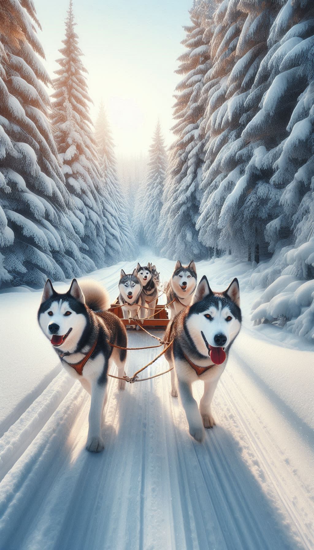 Husky Team Pulling a Sleigh Through a Snowy Forest