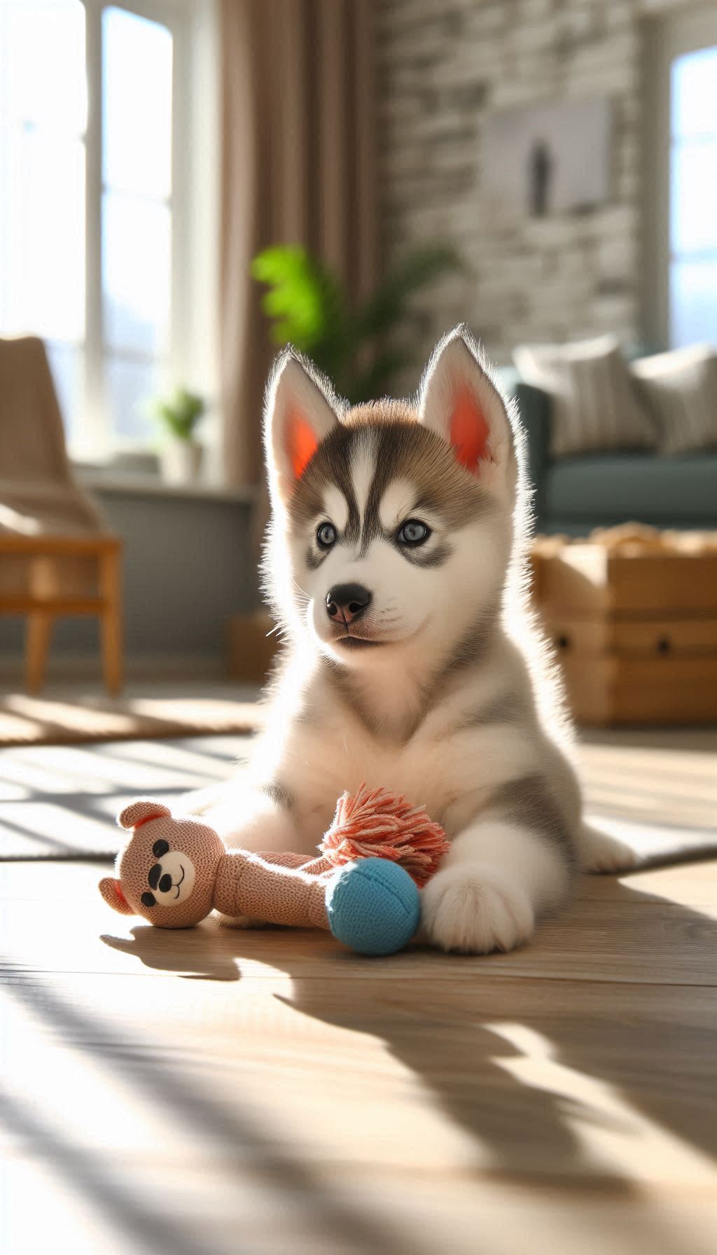 Husky puppy sitting peacefully with a toy in a bright, sunny room for your phone background