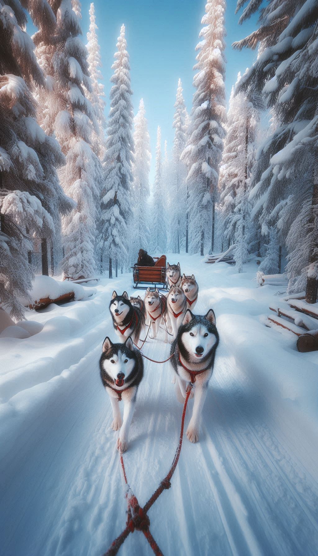 Husky team pulling a sled in a snowy forest wallpaper for your mobile