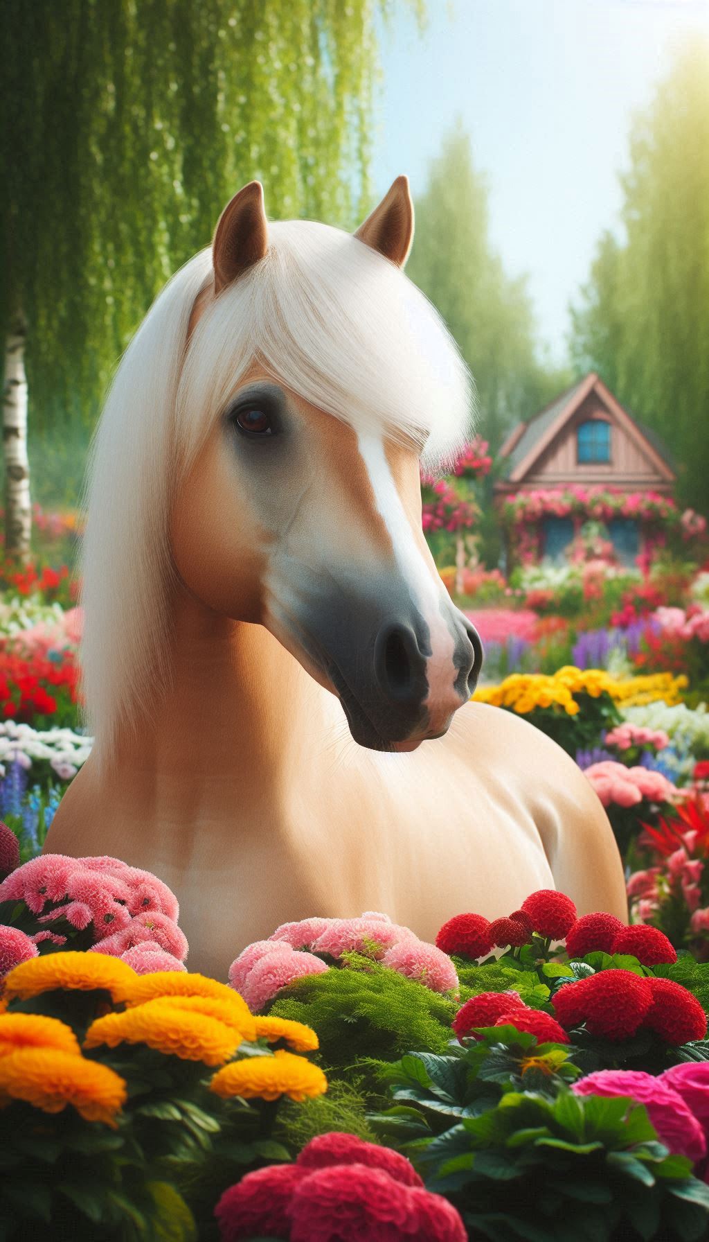 Image of adorable palomino horse in colorful flower garden for your mobile wallpaper