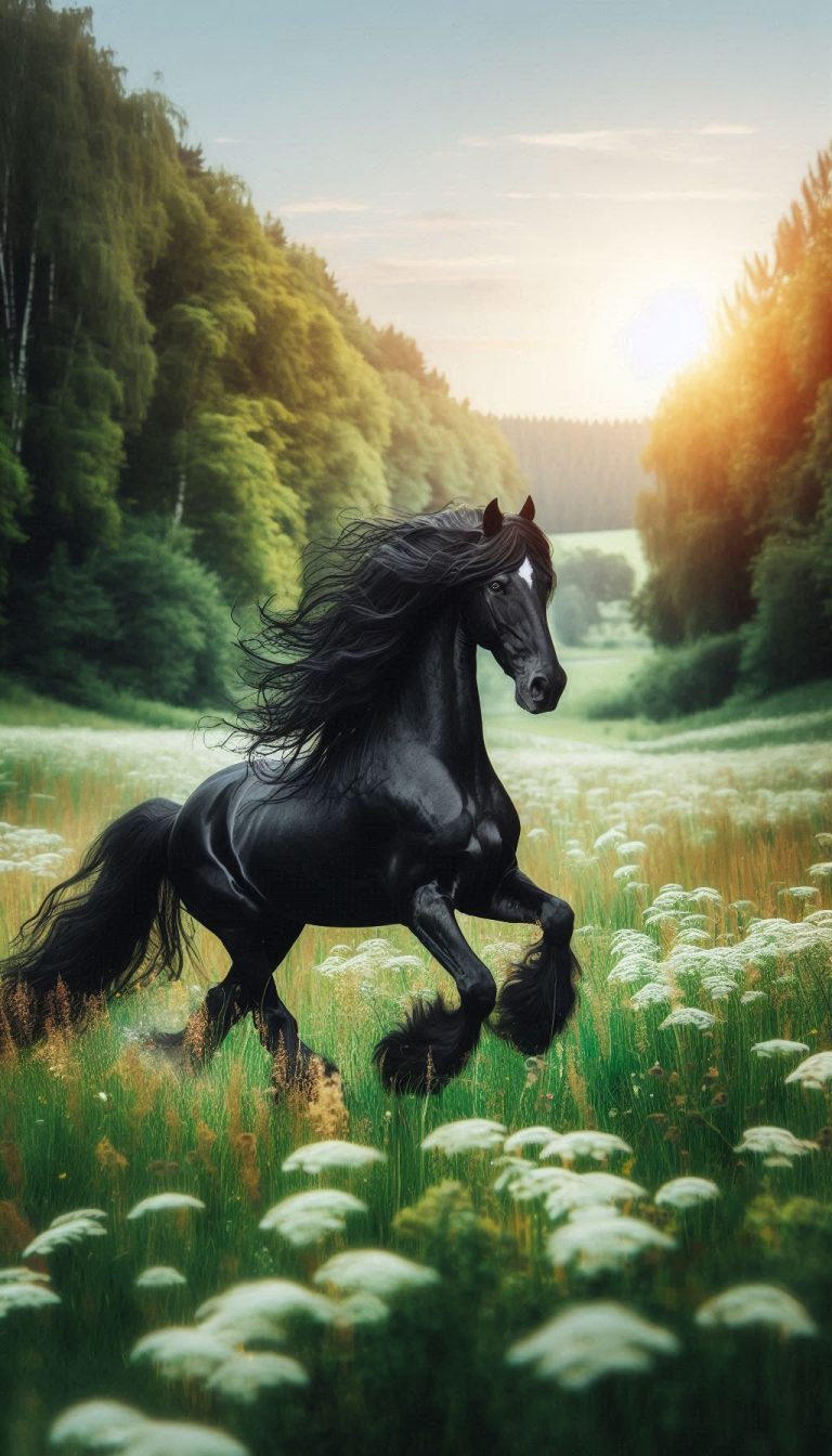 Image of majestic Friesian horse running through lush green meadow for iPhone and Android