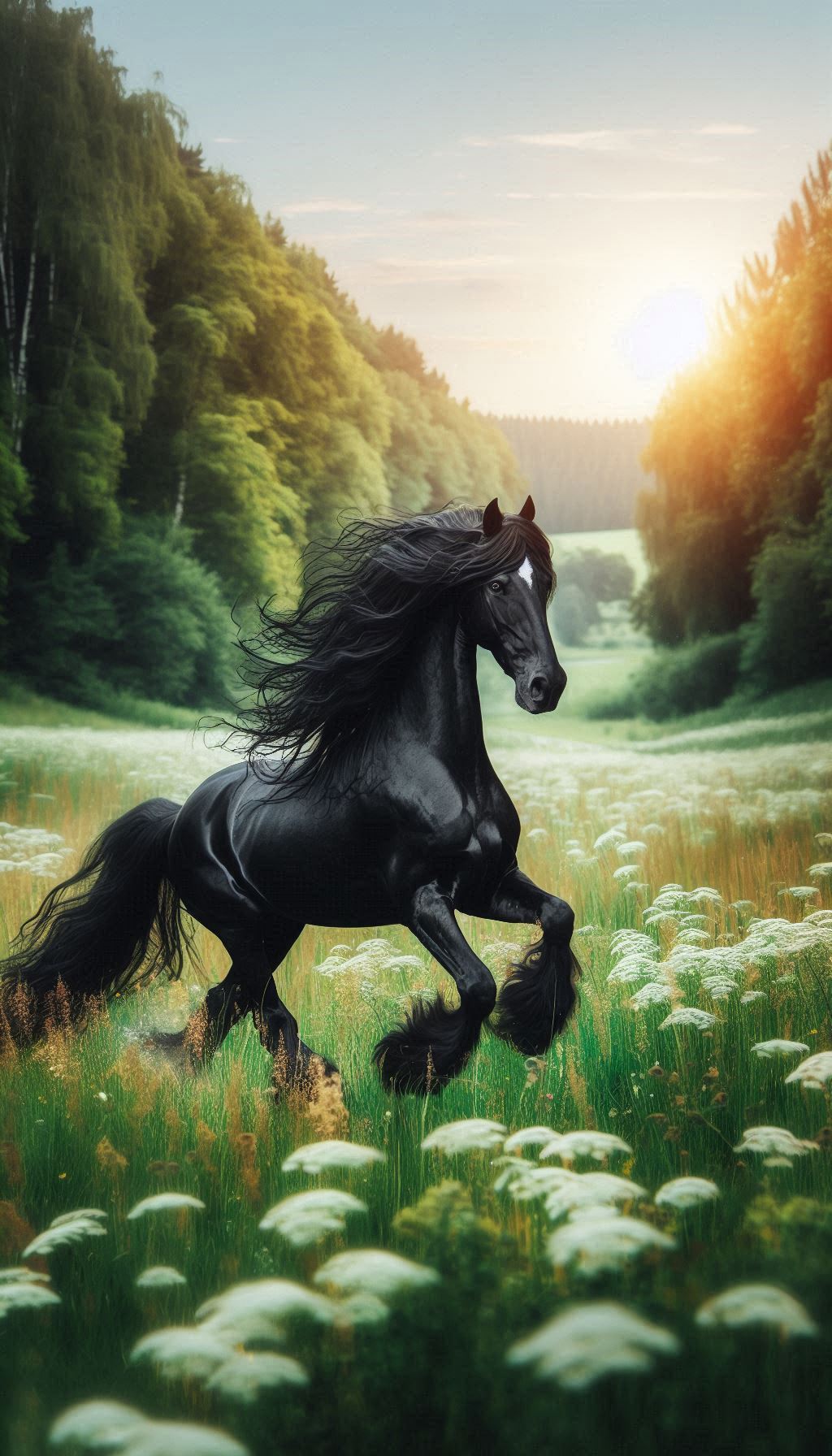 Image of majestic Friesian horse running through lush green meadow for iPhone and Android