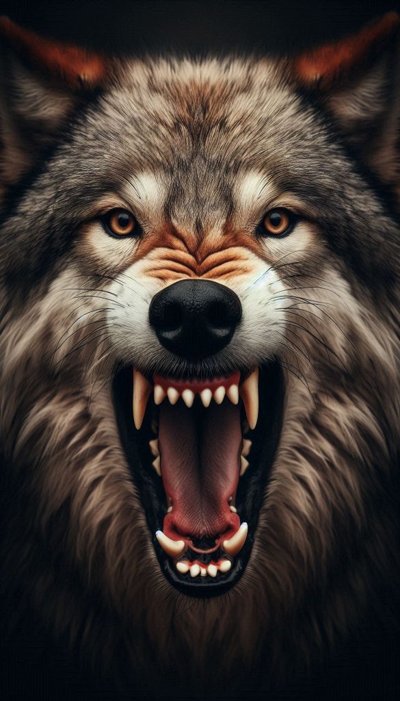 Intense Close-Up of a Roaring Wolf Captivating Portrait Art
