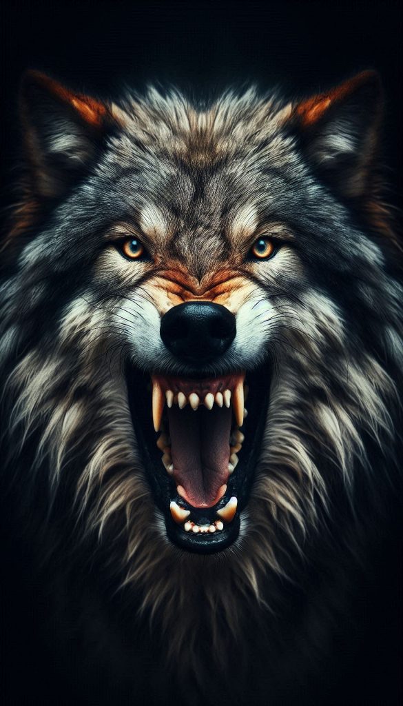 Intense close-up art image of a roaring wolf for your phone wallpaper