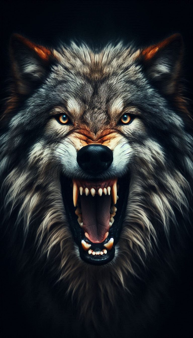 Intense close-up art image of a roaring wolf for your phone wallpaper