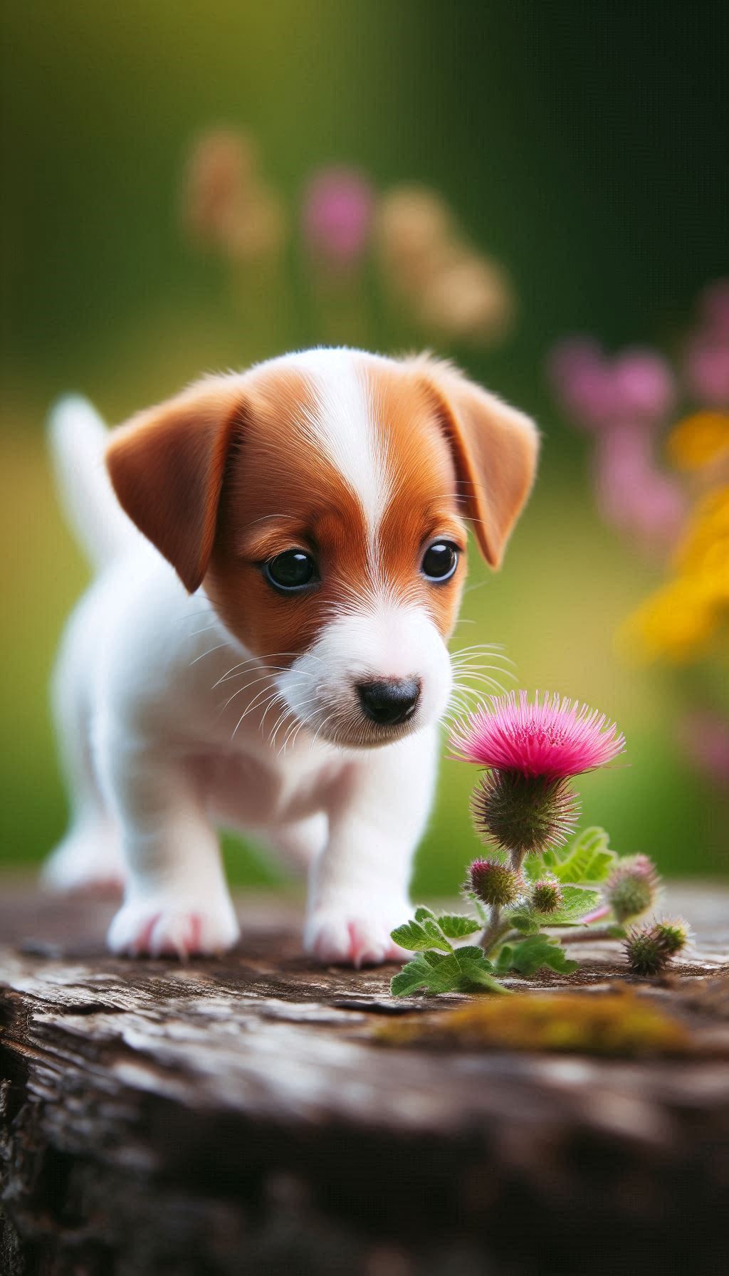 Jack Russell Puppy Curiously Investigating a Flower