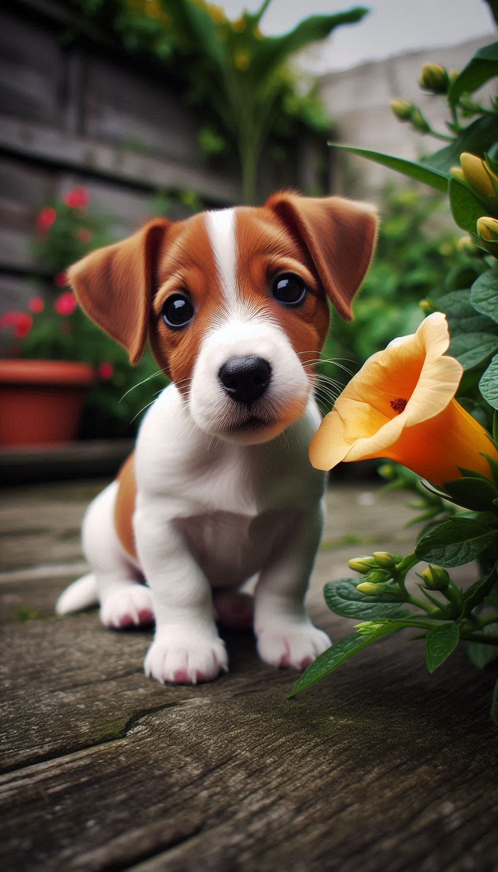Jack Russell puppy examining a cute flower mobile wallpaper