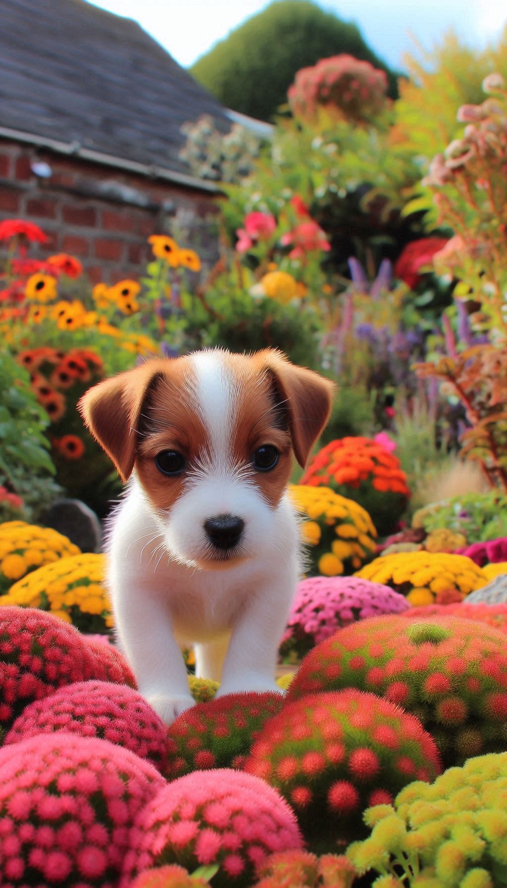 Jack Russell puppy exploring a colorful garden