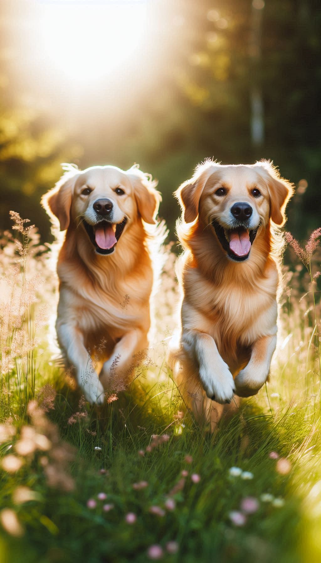 Joyful Golden Retriever Couple Running Through a Meadow
